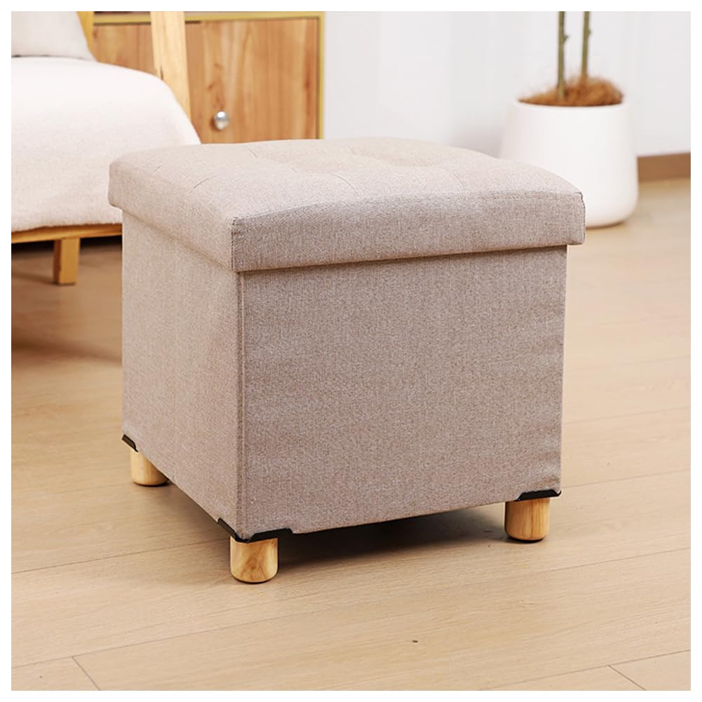 Baul Almacenaje Dormitorio, Lino Taburete Almacenaje Banco Acolchado Reposapies Salon con Tapa Extraíble para Sala de Estar, Dormitorio, Entrada, 38x38x40cm Khaki