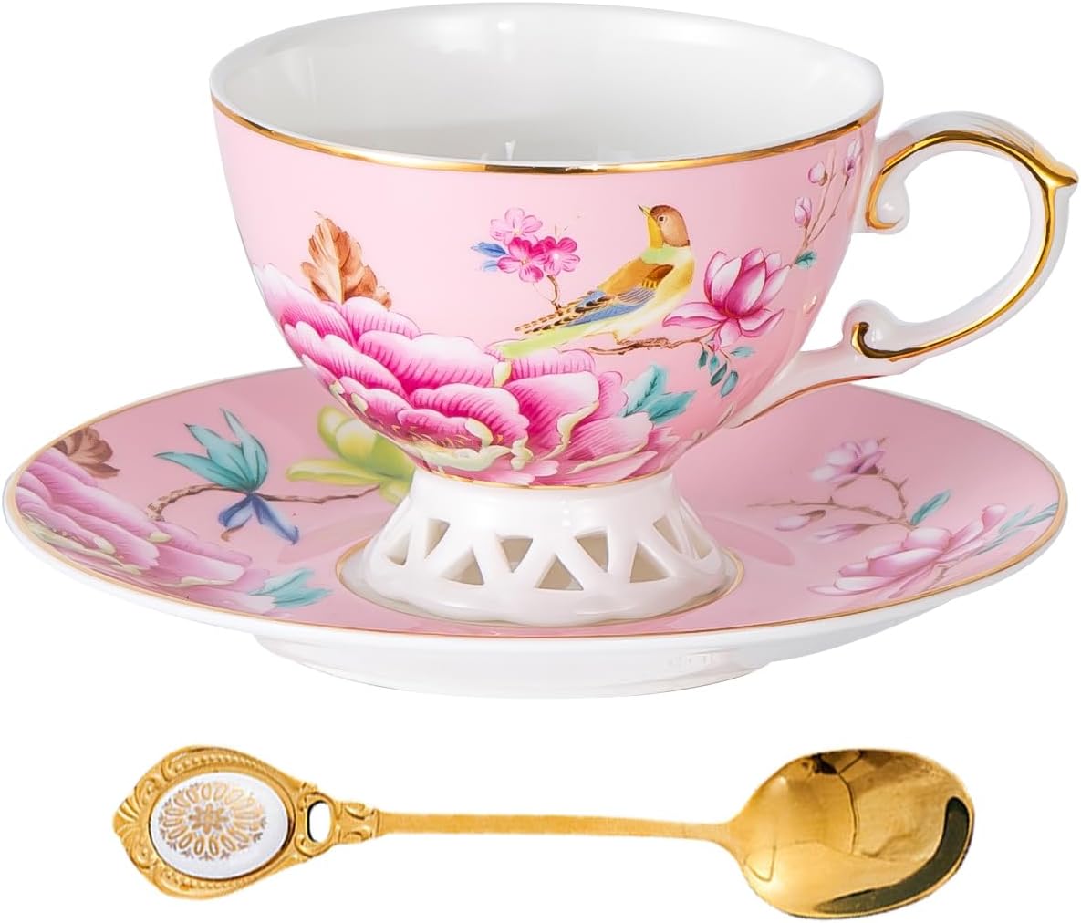 Bone China Cup & Saucer Set, Vintage Ceramic Coffee Cup with Gold Trim, Porcelain Floral Tea Cup with Saucer Spoon, Dishwasher Safe, Food Grade Coffee Mug for Tea Party, Gifts Giving, 6.8 oz