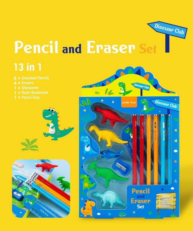 Image of Crackles Dinosaur Stationery Kit with Pencils, Erasers, Sharpener, Ruler Bookmark, Pencil Grip Combo Set for Best Return Gift