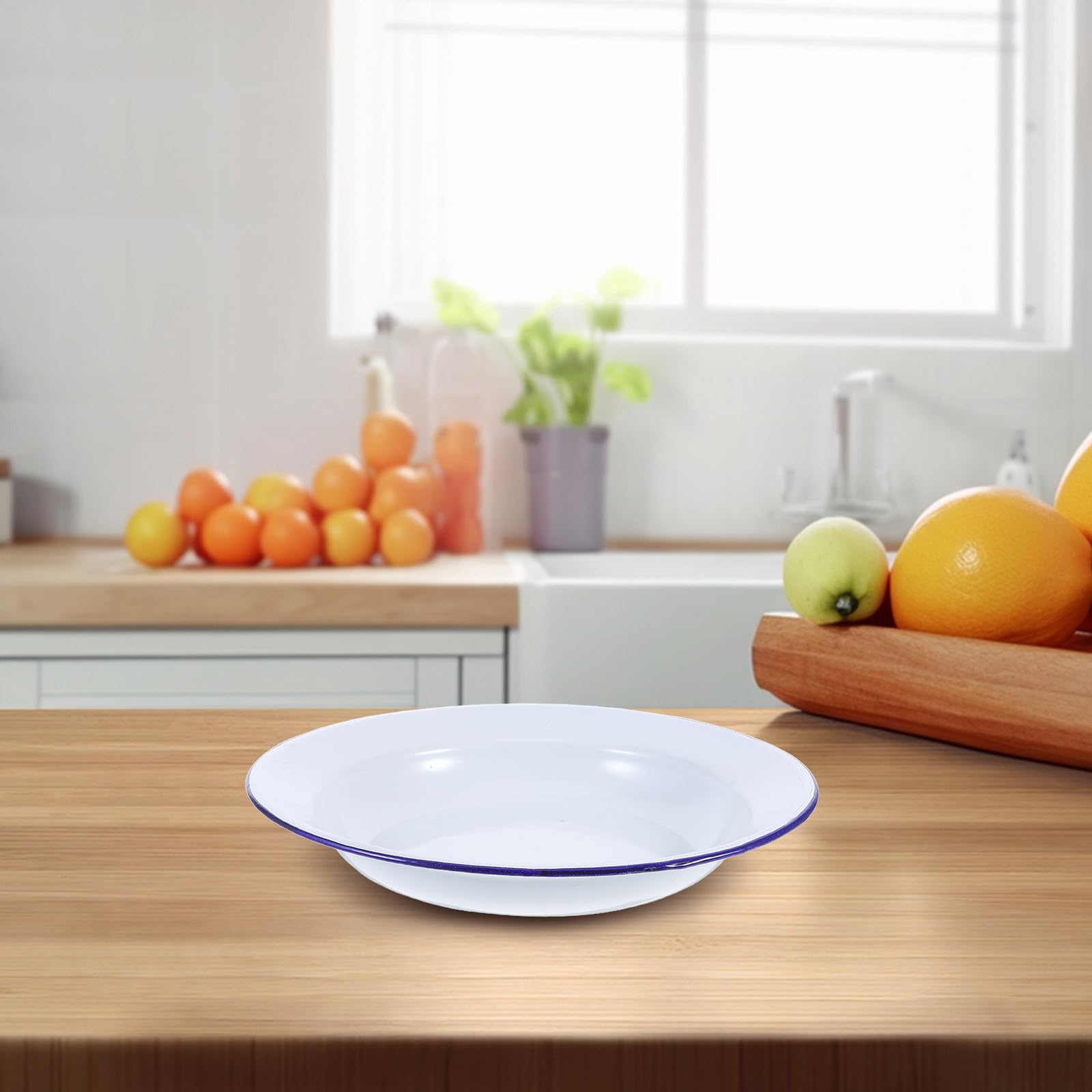 Healifty 5 Stück Runder Emaille Hot Pot Teller 24cm Weiß mit Blauem Rand Leicht zu Reinigen und Multifunktional Klassisches Vintage Design für Zuhause und Bankette