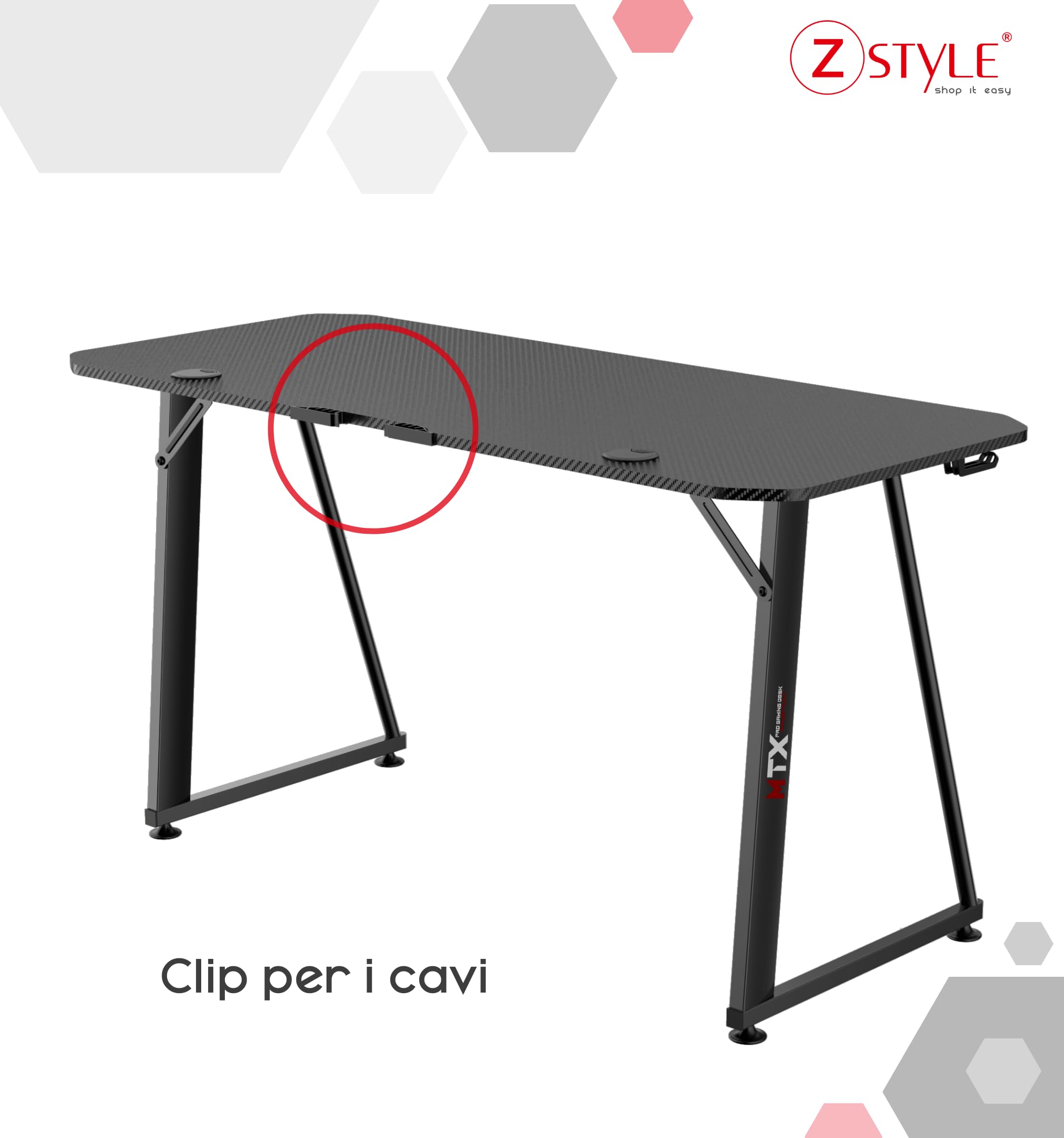 ZStyle Tavolo scrivania da Gaming Desk Postazione Computer Carbonio porta Cuffie Portabicchiere Laptop da Gioco Gestione Cavi Ergonomica Gamer (M)