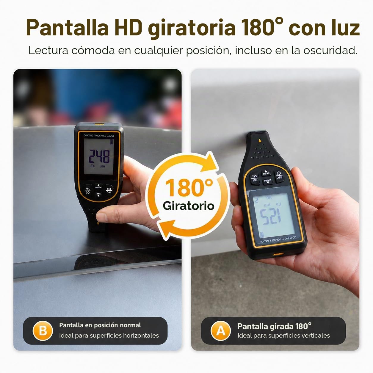 Medidor de Espesor de Pintura para Coches, Medidor Digital 0–2999 μm con Alarma de Límite y Pantalla Giratoria