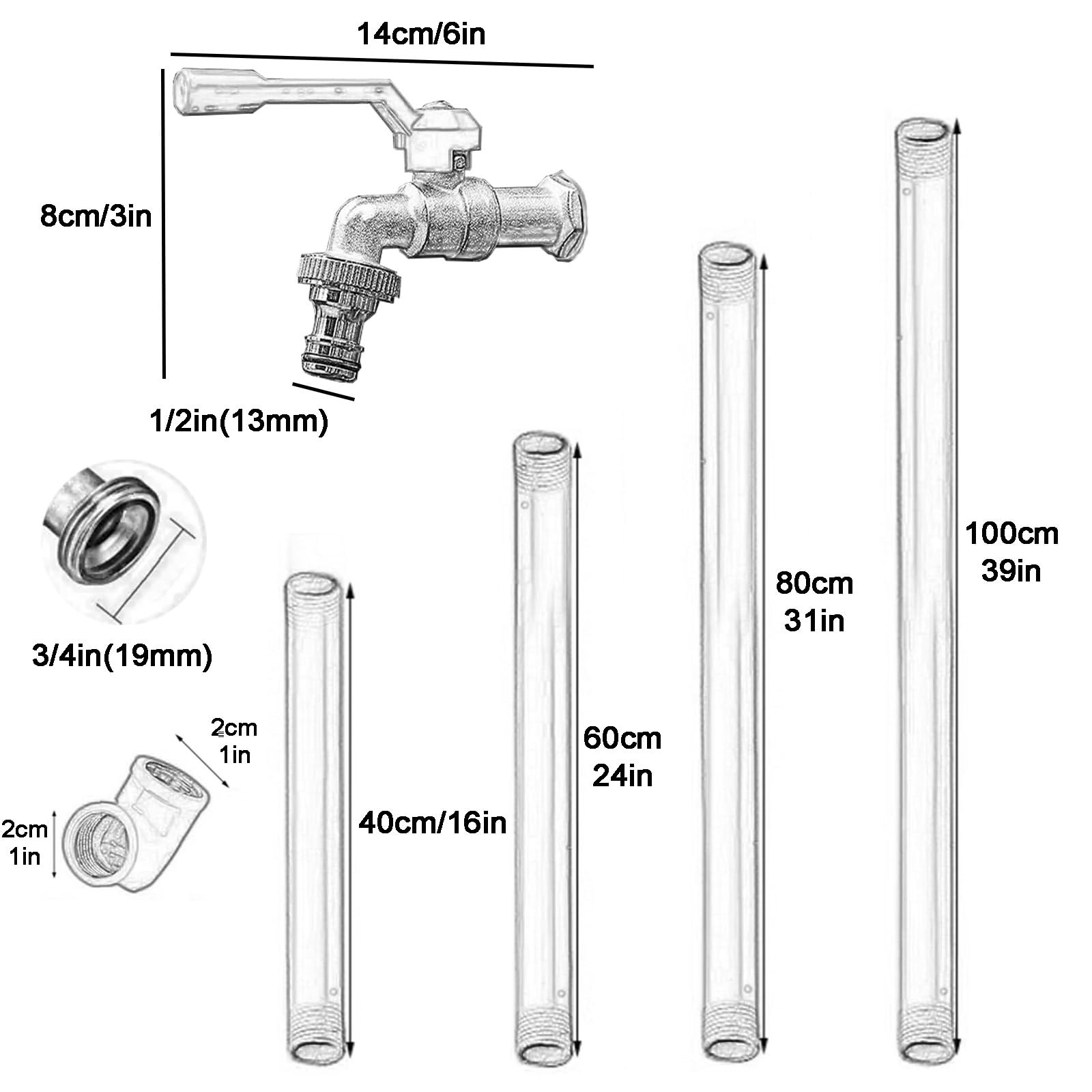 Colonne d'eau extérieure autoportante, Robinet antigel en Acier Inoxydable 304 pour arrosage et Irrigation du Jardin, 60 cm/24 po, Design Noir Durable