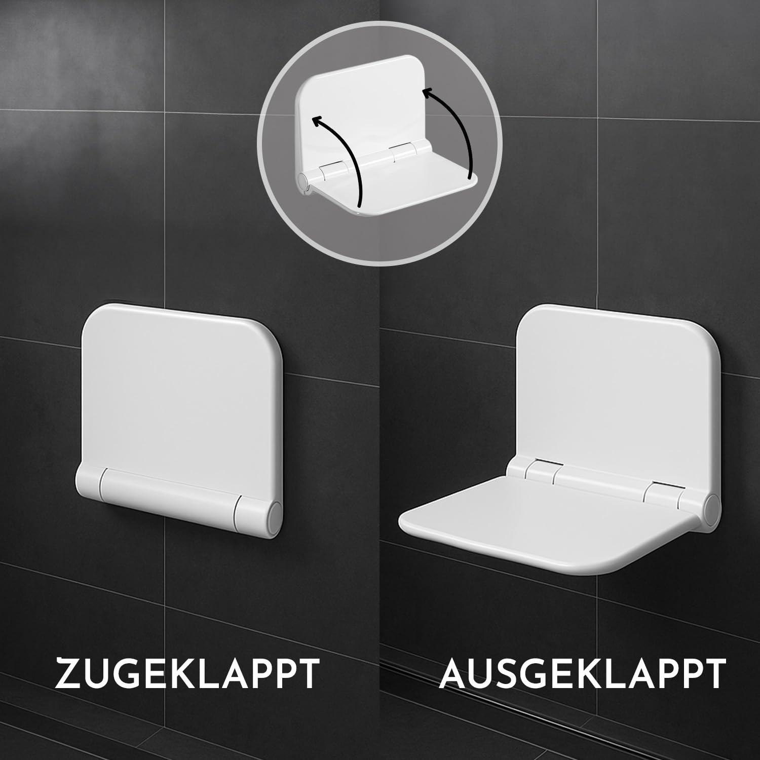 Bürstenking Duschklappsitz für Wandmontage mit Rückenlehne bis 140 kg belastbar, weiß – Ideal für Senioren Duschsitz klappbar, Wandmontage, Duschhocker, Klappsitz Wand Dusche