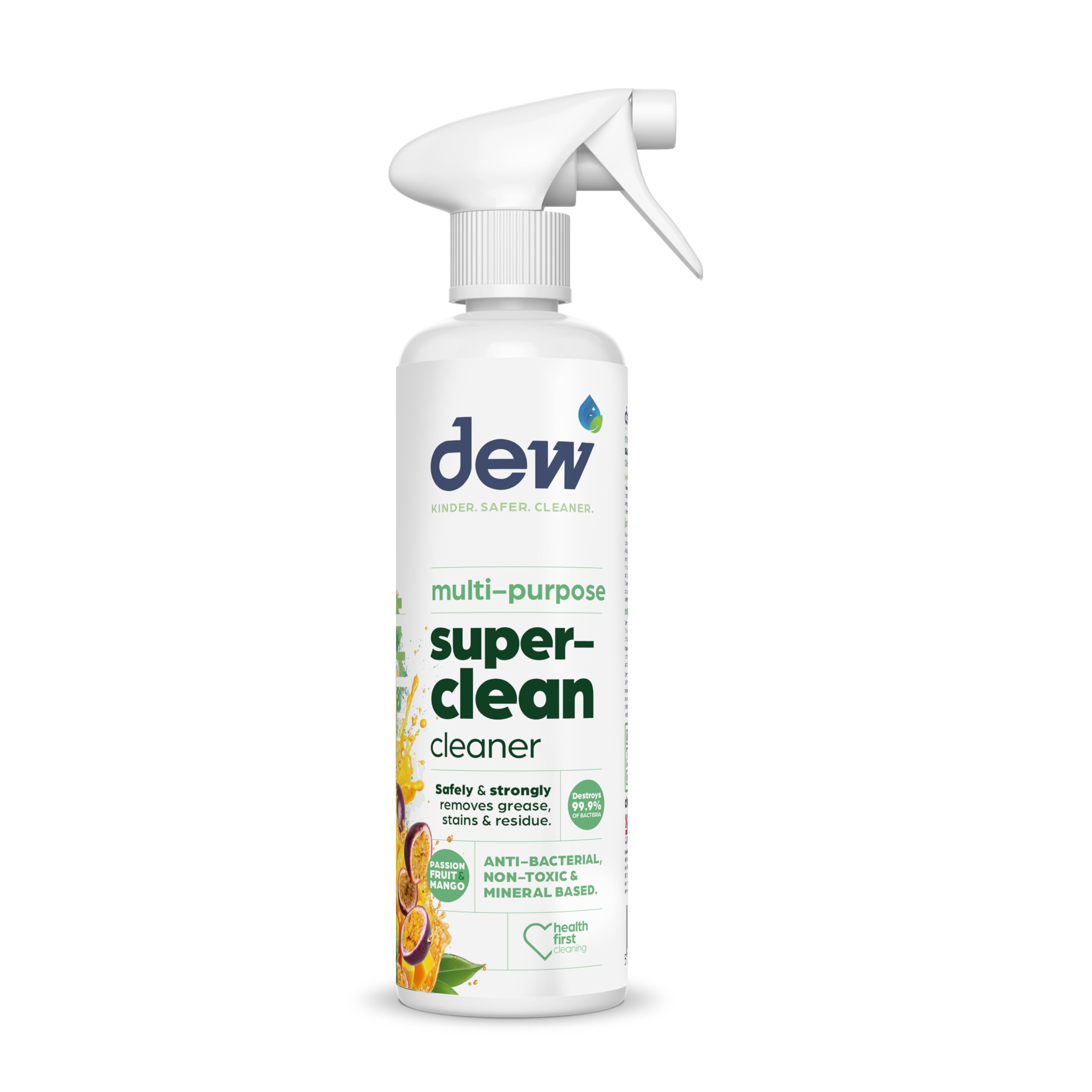DEW Superclean Mango & Passion Fruit 500ml: Refillable Eco Friendly Antibacterial Kitchen Spray | All Purpose Rinse Free Cleaner Ideal For Multi Surfaces including Granite Worktops to Carpet
