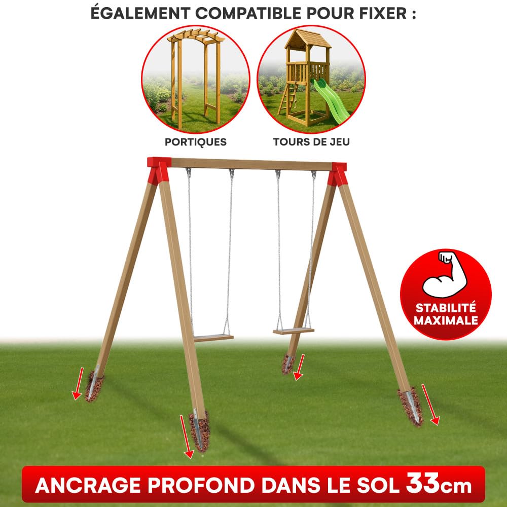 Oxeo Kit ancrage au Sol balançoire - 4 ancrages 44 cm en Acier Galvanisé Ancre Support de Poteau - pour balançoire Tour Aire de Jeux