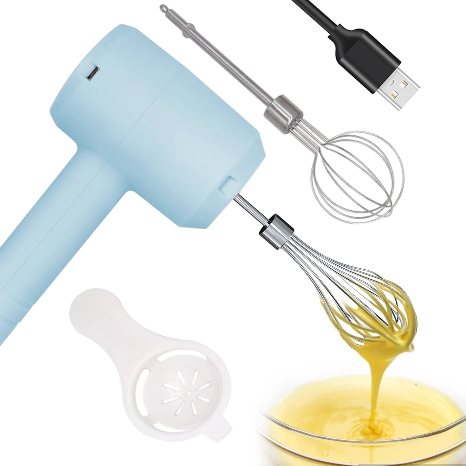 Electric Hand Mixer w 3-Speed Setting 2 Stainless Steel Egg Whisk Heads Turbo Button Type C USB Recharge