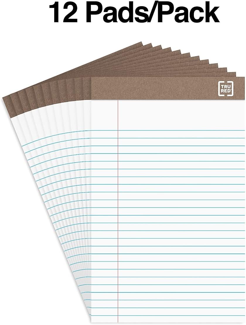 STAPLES Notepads, 5” x 8”, Narrow Ruled, White, 50 Sheets/Pad, 12‑Pack