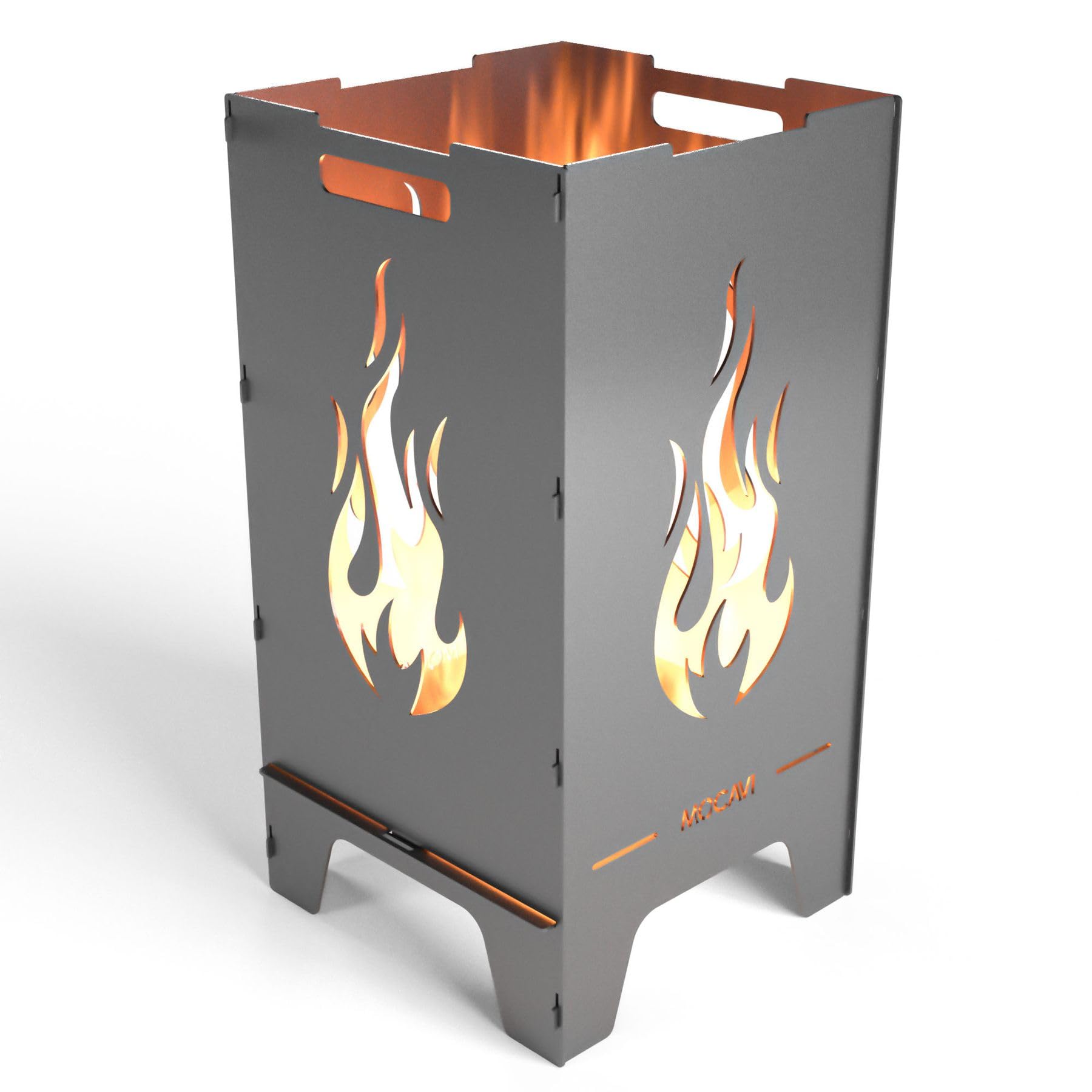 MOCAVI Feuertonne Flamme 73 cm | 3 mm Stahl Feuerschale Feuerkorb massiv robust sicher Design-Brenntonne für Garten und Terrasse groß eckig hohe Feuerstelle Outdoor hitzefest Feuersäule Feuerfass