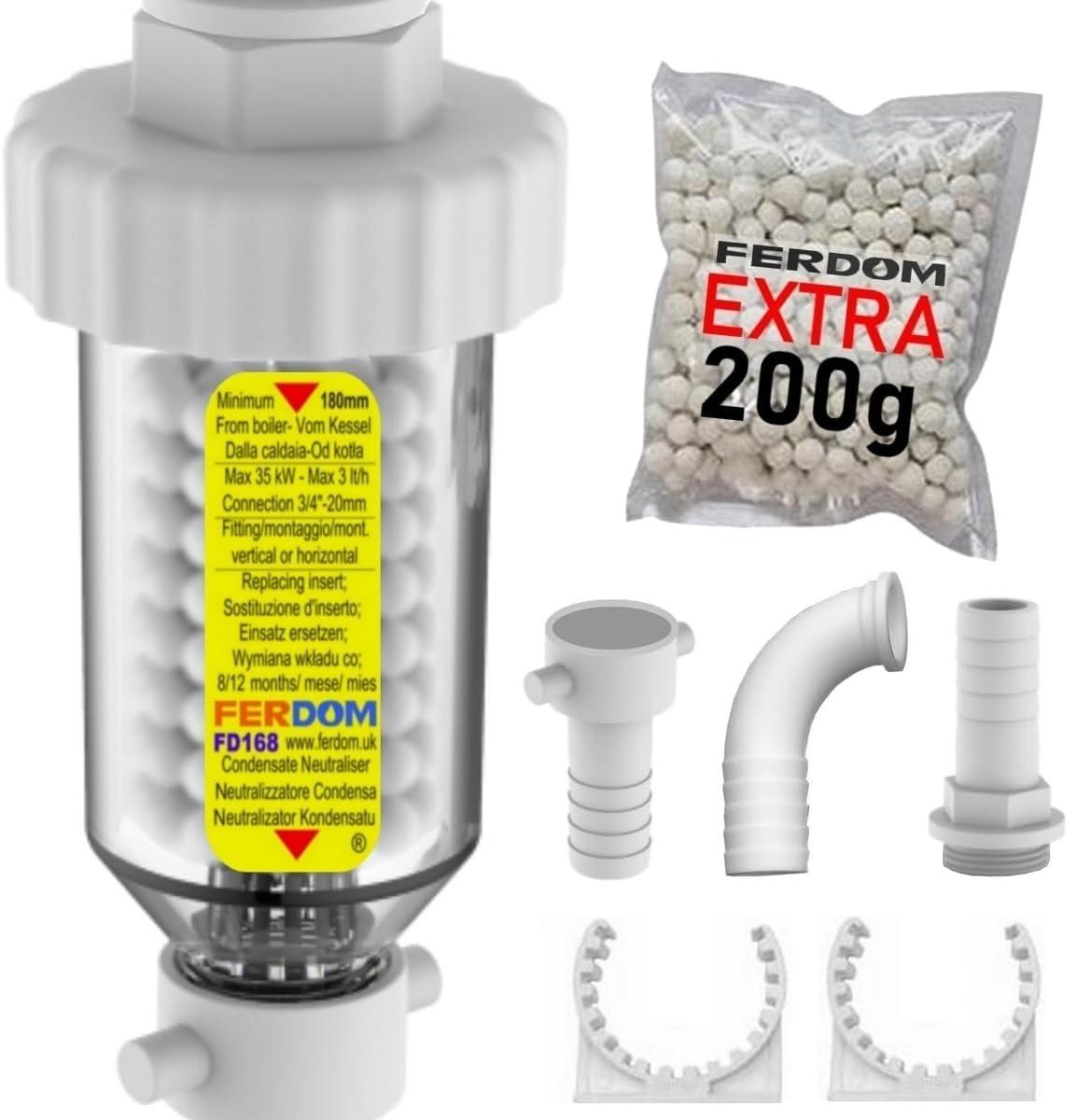 FERDOM FD168 Neutralizzatore Di Condensa Di Caldaia, Ricaricabile, Dimensione Mini. Per Le Caldaie A Condensazione Fino A 35 kW. Fissaggio Orizzontale O Verticale Al Tubo Di Condensa. Facile Fai-Da-Tè