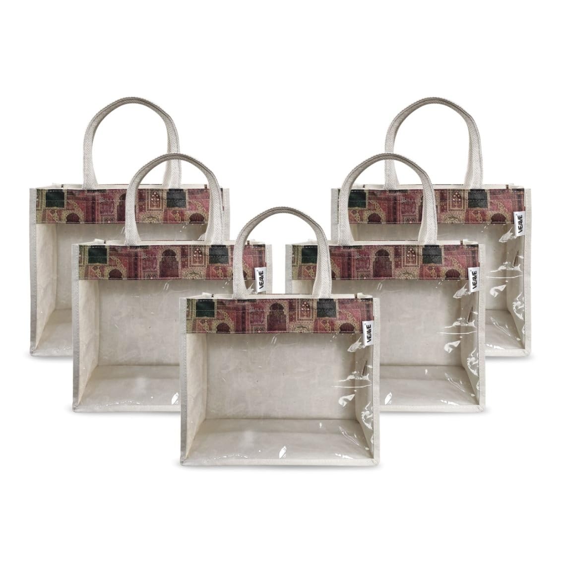 Heritage Mahal Print Medium Canvas Hamper Bag | Zipper Closure | Eco-Friendly Off-White Gifting Bag with Transparent Front | Set of 5-image-35