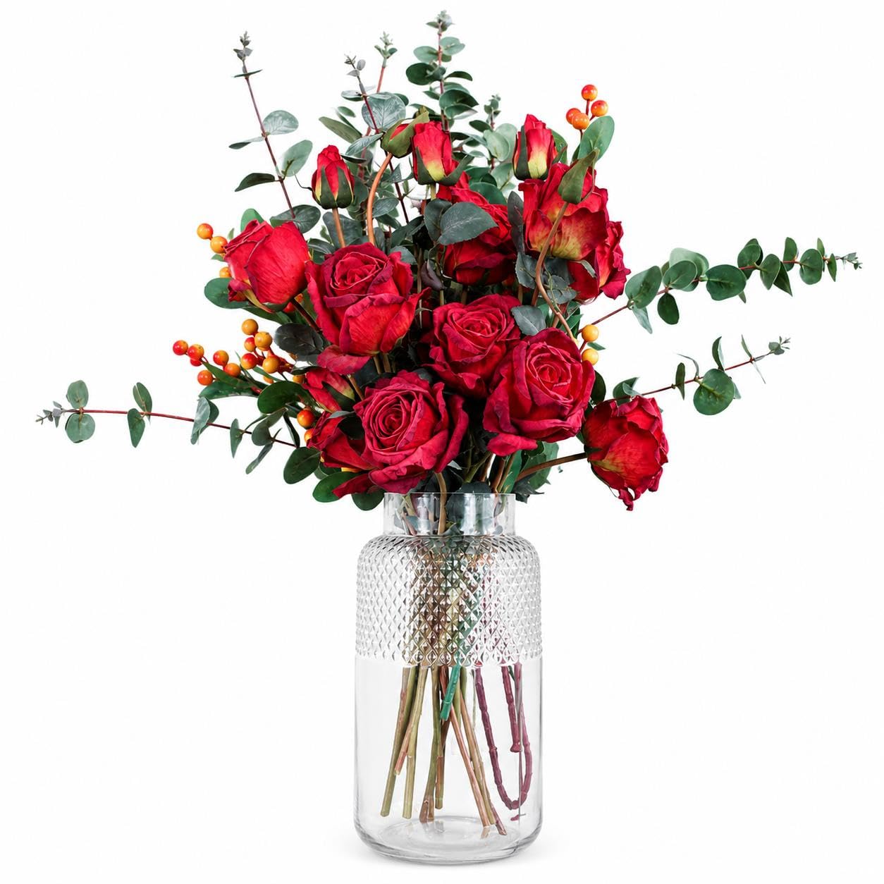Leaf Red Rose and Eucalyptus Artificial Flower Bundle with Glass Diamond Vase 60cm