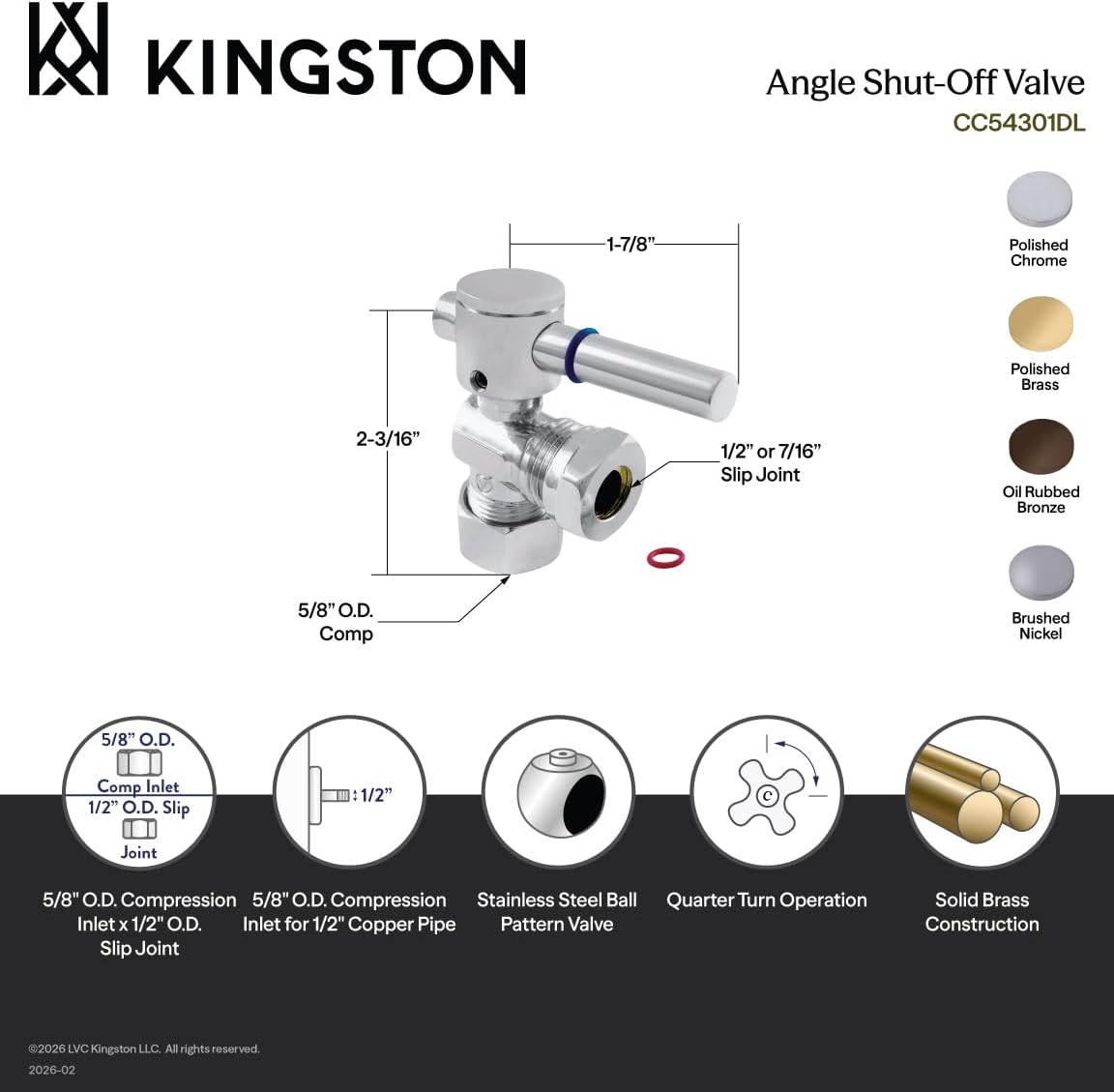 Kingston Brass CC54302DL Concord Quarter Turn Valve with 1/2-Inch or 7/16-Inch Slip Joint, Lever Handle, Polished Brass