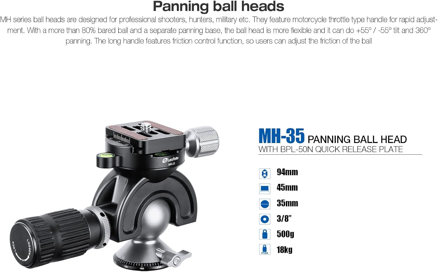Leofoto MH-35 35mm Ball Head, with Handlebar Control,Arca Compatible, Ideal for Target Shooting