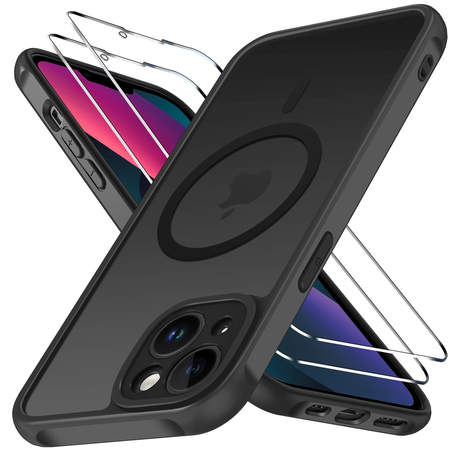 iVoler Cover Magnetica per iPhone 13 5G con 2 Pezzi Pellicola Vetro Temperato, [Compatibile con MagSafe] Custodia Traslucida Opaca Sottile Anti-Impronte MagSafe Case, Nero
