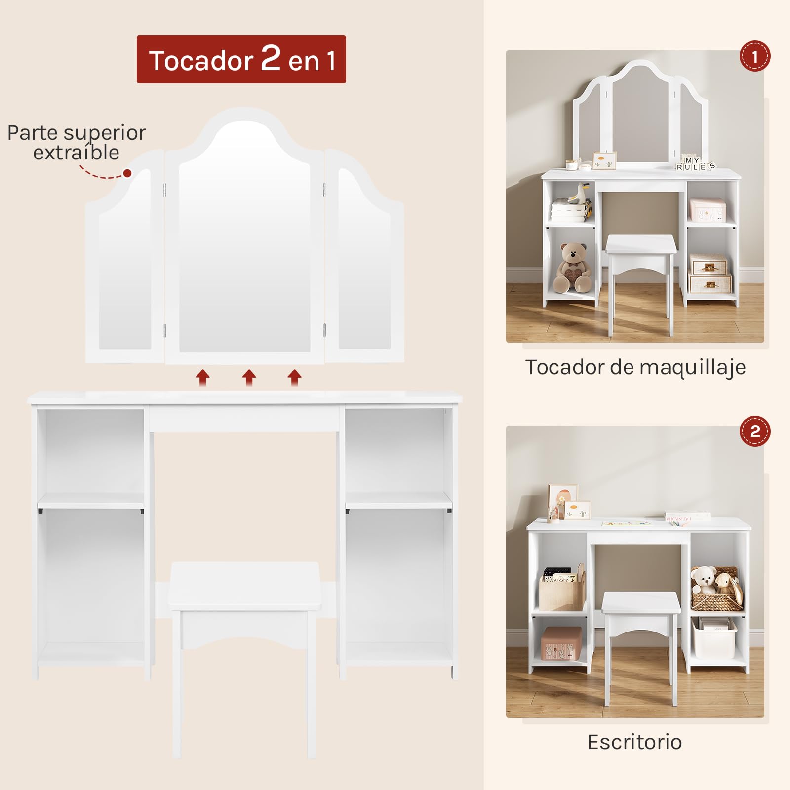 WOLTU Mesa Tocador Infantil con Taburete y Espejo Plegable, Conjunto de Tocador Maquillaje de 3 Piezas, con 4 Compartimentos, Estante Ajustable, Blanco, MDF, MB6120ws