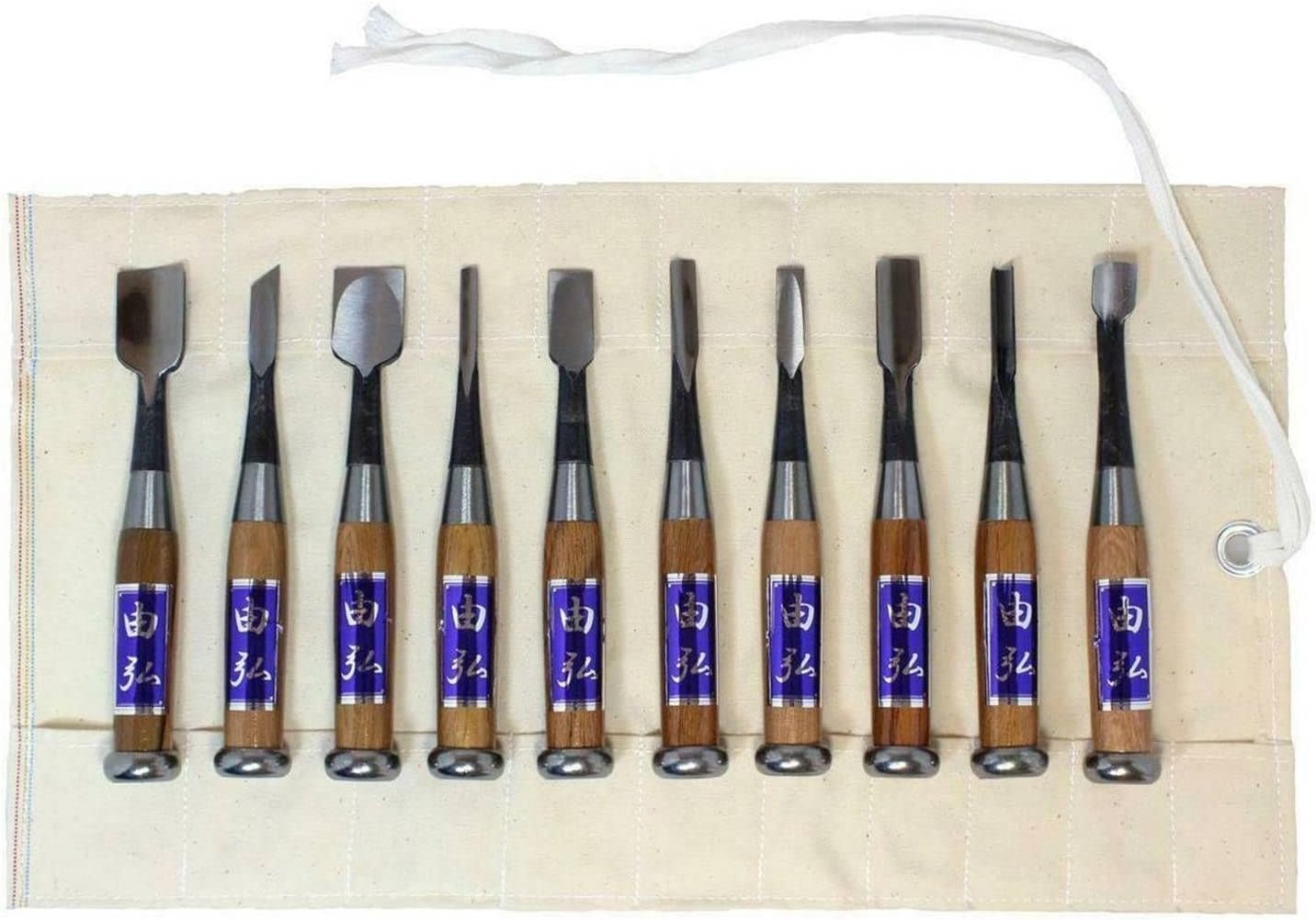 Yoitarikikougyou Japanese Wood Carving Tools Set 10 Piece Woodworking Gouges & Chisels Kit, with Canvas Carry Satchel, for Woodcarving