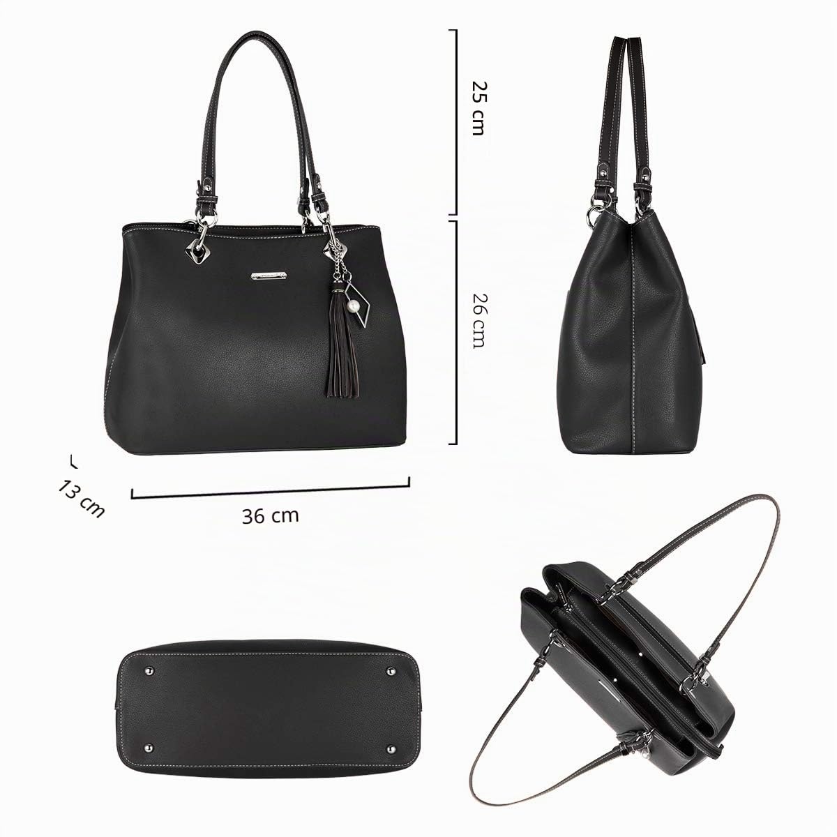 David Jones - Grande Borsa a Spalla Donna PU Pelle Morbida - a Mano, Manico Lungo - Tote Shopper Bag Capacità Media - Nero