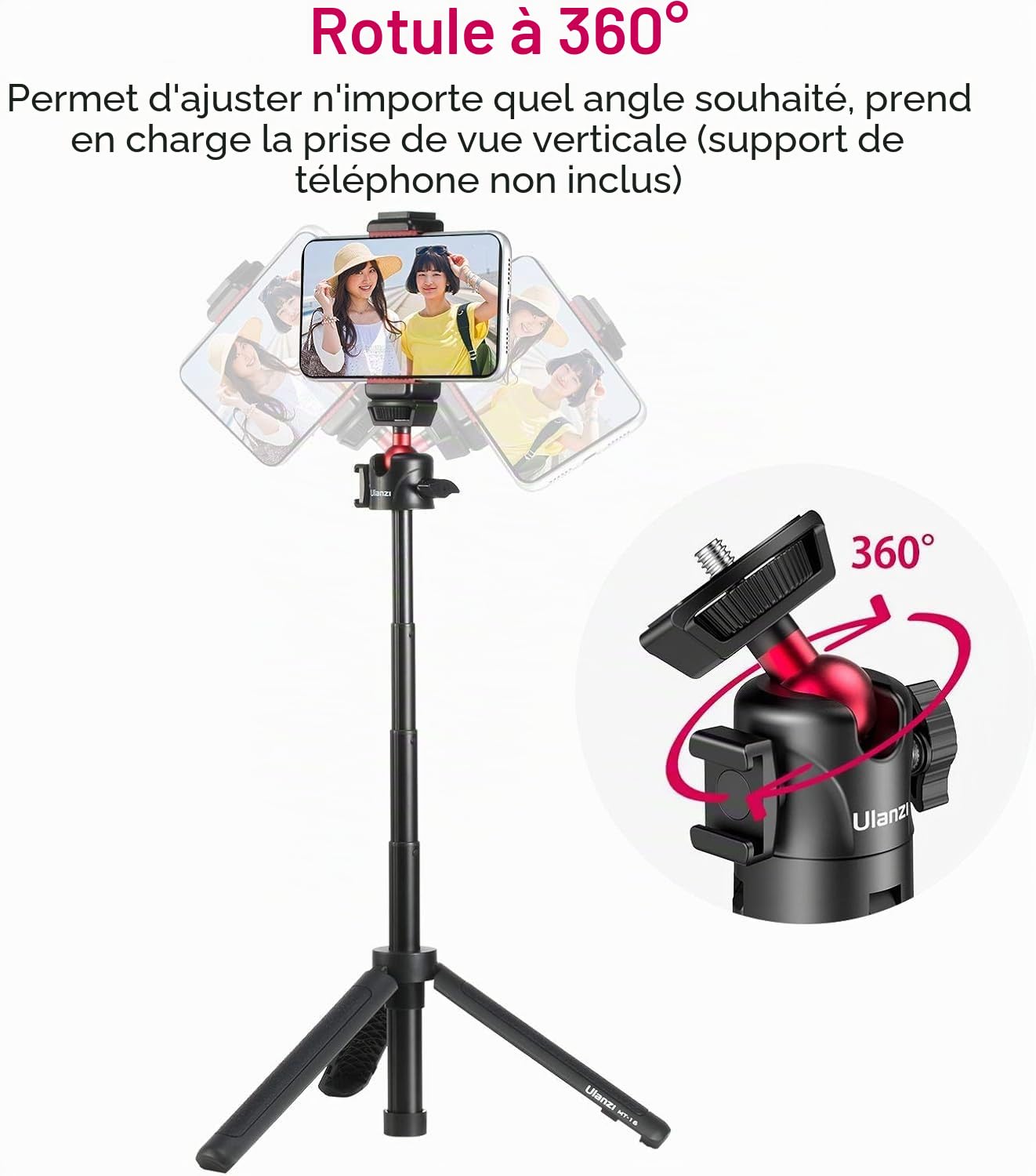 Mini trépied pour appareil photo, ULANZI MT-16 trépied pour vlogging avec tête sphérique 360°, 1/4 vis Cold Shoe Mount, mini trépied extensible de 22 cm à 44 cm, petit trépied pour appareil photo DSLR