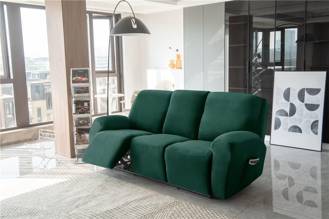 Stretch Recliner Sofa Slipcover Velvet Recliner Chair Covers for 3 Cushion Reclining Couch Cover 8 Pieces Sofa Furniture Protector Slipcovers with Side Pocket Machine Washable