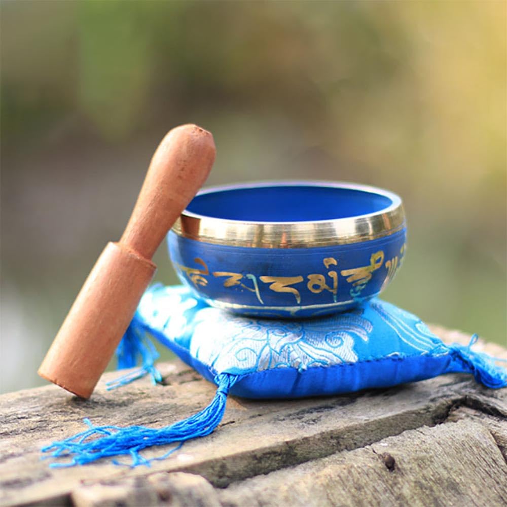 Set di campane tibetane fatte a mano, per meditazione con martello e cuscino, campana sonora buddista blu per relax e meditazione