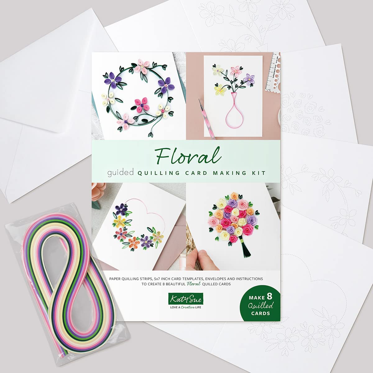 Katy Sue Floral Themes Guided Paper Quilling Card Kit. Contains 8 Printed Cards & Envelopes, Colourful Quilling Strips & Instructions. Does Not Include Quilling Tool.