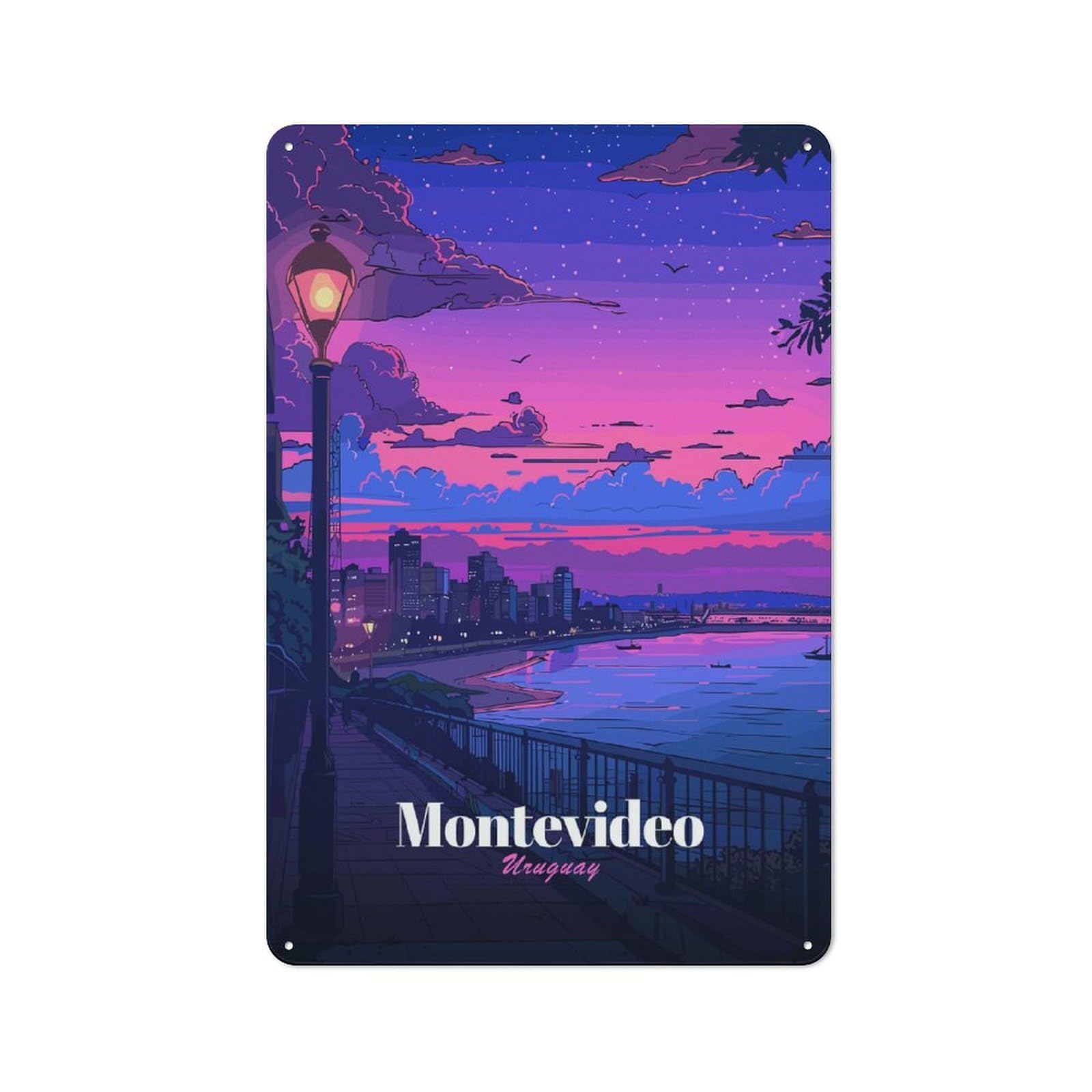 Junmoney Style-11 Retro Tin Sign 30X20cm Featuring Montevideo Uruguay Sunset Cityscape For Workshop Wall, Gift For Makers And Diy Enthusiasts During The Christmas Season