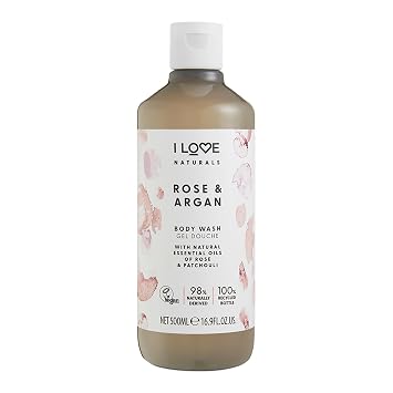 I LOVE Naturals Rose and Argan Body Wash - Moisturizing Body Wash - Infused with Essential Oils - Plant-Based Body Cleanser - 16.9 oz