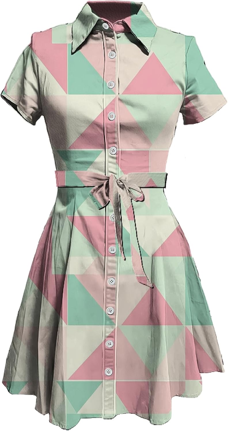 MARSVOVO Cute T Shirt Dress for Women Short Sleeve Button Up Tie Waist Elegant Casual Collared Smocked Midi Dress