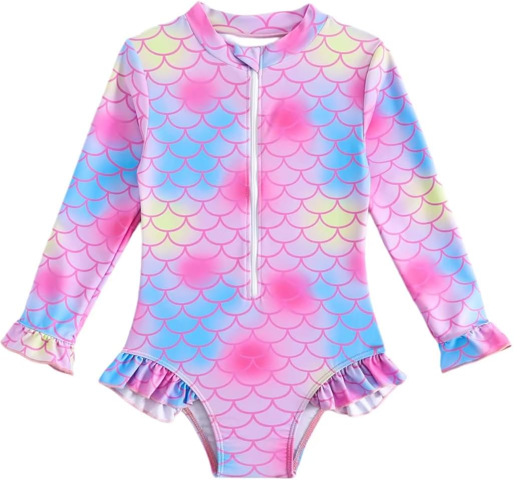 Toddler Girls Rash Guard Swimsuit Long Sleeve One Piece Zipper Ruffle Bathing Suit UPF 50+ Beach Swimwear 2-8Y