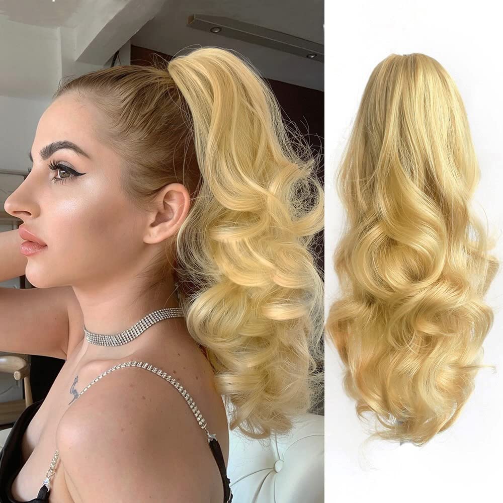 StrRid Ponytail Extension Wavy Curly 16" Long Synthetic Fake Pony Tail Wig Clip in Claw Clips Extensions Fluffy Faux Hair Pieces for Women Wedding