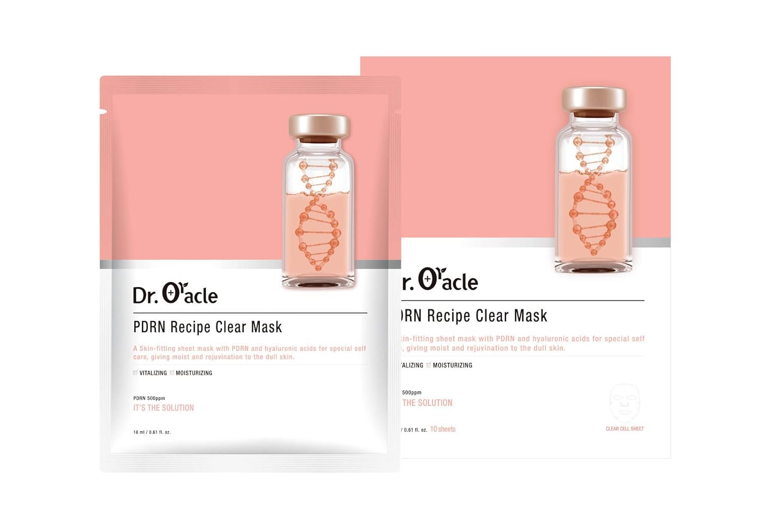 DR.ORACLE PDRN Recipe Clear Mask, Skin-fitting sheet mask PDRN, hyaluronic acid, special self care, moist, rejuvenation, vitalizing, 500ppm, 180ml (6,1 fl. oz.), 1 box - 10 sheets