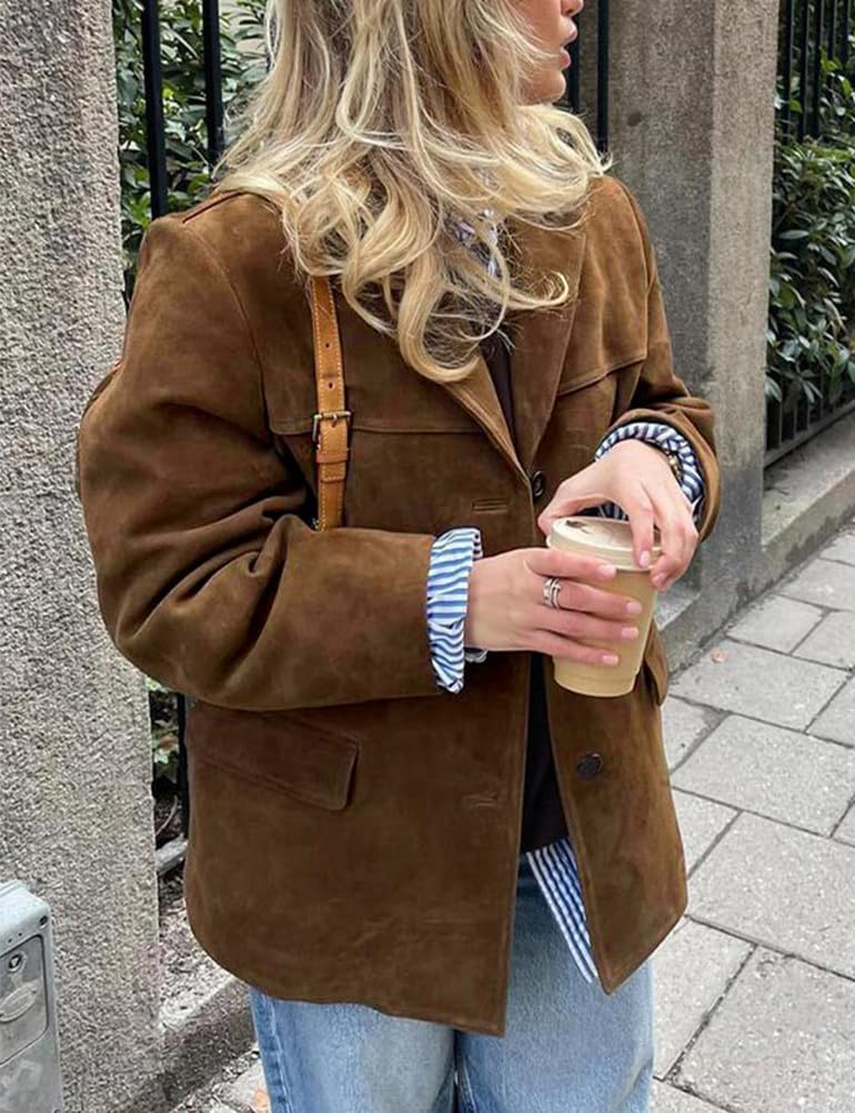 IDEALSANXUN Veste en daim pour femme - Automne et hiver - Style décontracté - Surdimensionné - En similicuir - Trench