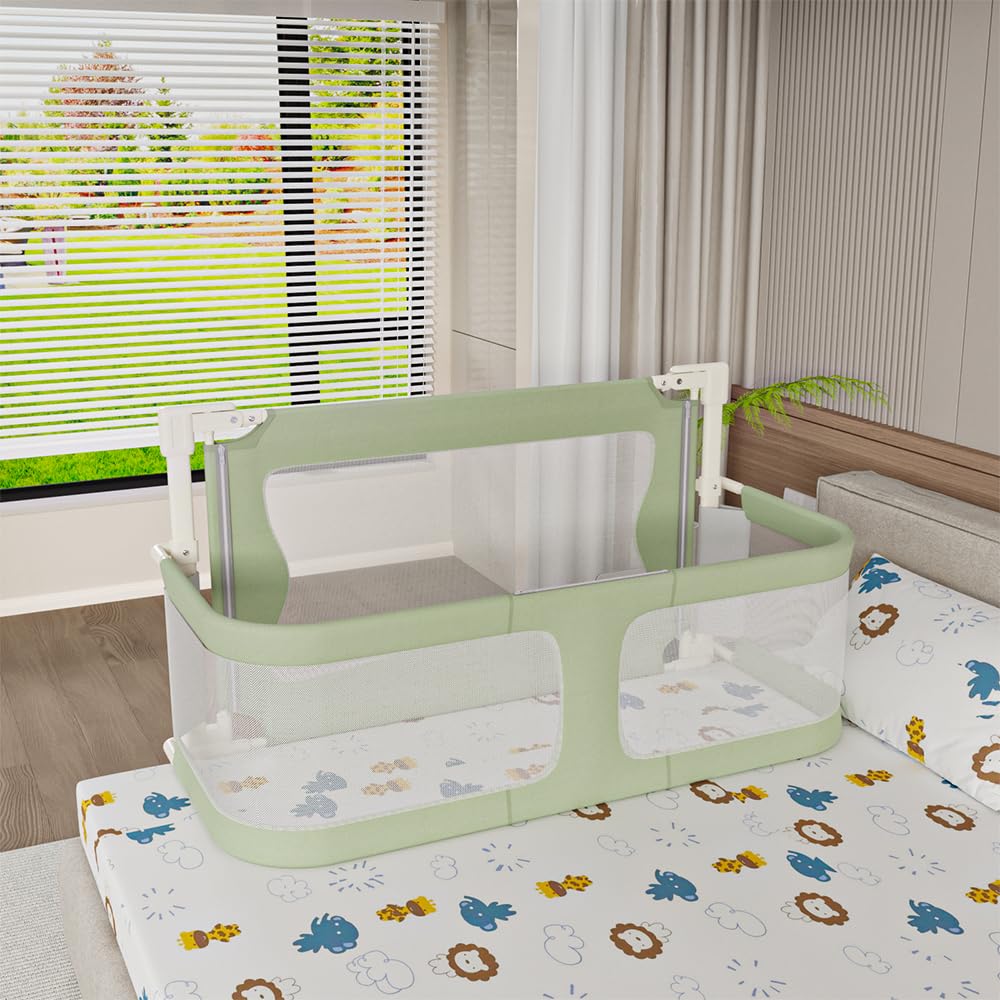 HUOLE Kleinkind Bettschutzgitter Bettgitter Kinderbettgitter Babybettgitter höhenverstellbares Bettgitter - Gitter Kinderbett Babybett Rausfallschutz-120 x 50 x 105 cm (Mintgrün)