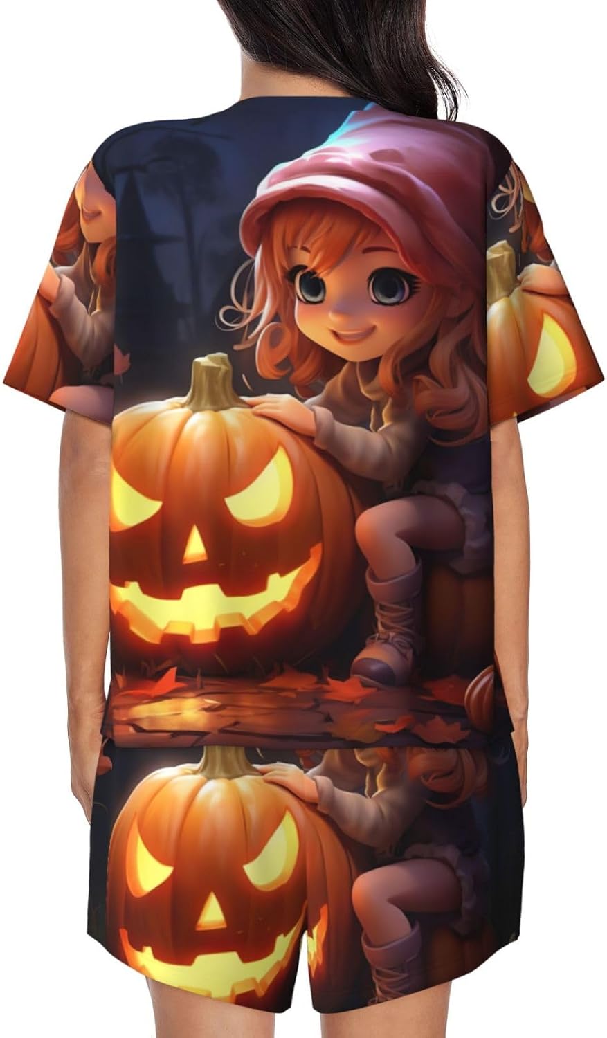 Halloween Cute Pumpkin Print Stylish Women'S Pajama Set Short Sleeve,For Home,Vacation Or Beachwear