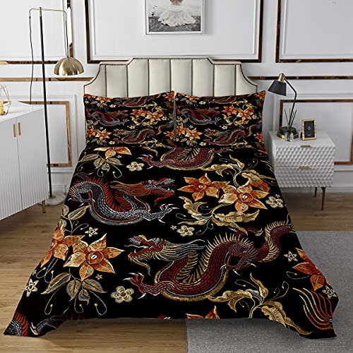 Loussiesd Jungen Drache Tagesdecke 170x210cm Golden Exotisch Blumen Steppdecke für Kinder Chinesisches Erbe Historisches Ostmotiv Bettüberwurf Zinnober Schwarz Schlafzimmer Kollektion 2St - Image 3