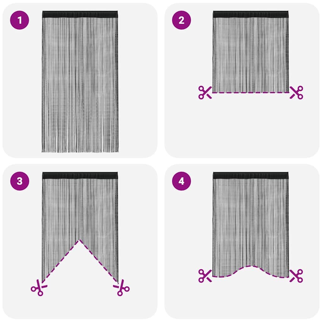 Rideau en Fils 2 pcs Noir 100 x 250 cm, Rideau de Porte Polyester 100% Lavable, Voilage Séparateur de Pièce Vitrine, Décoration Fenêtre Intérieur Salon Chambre