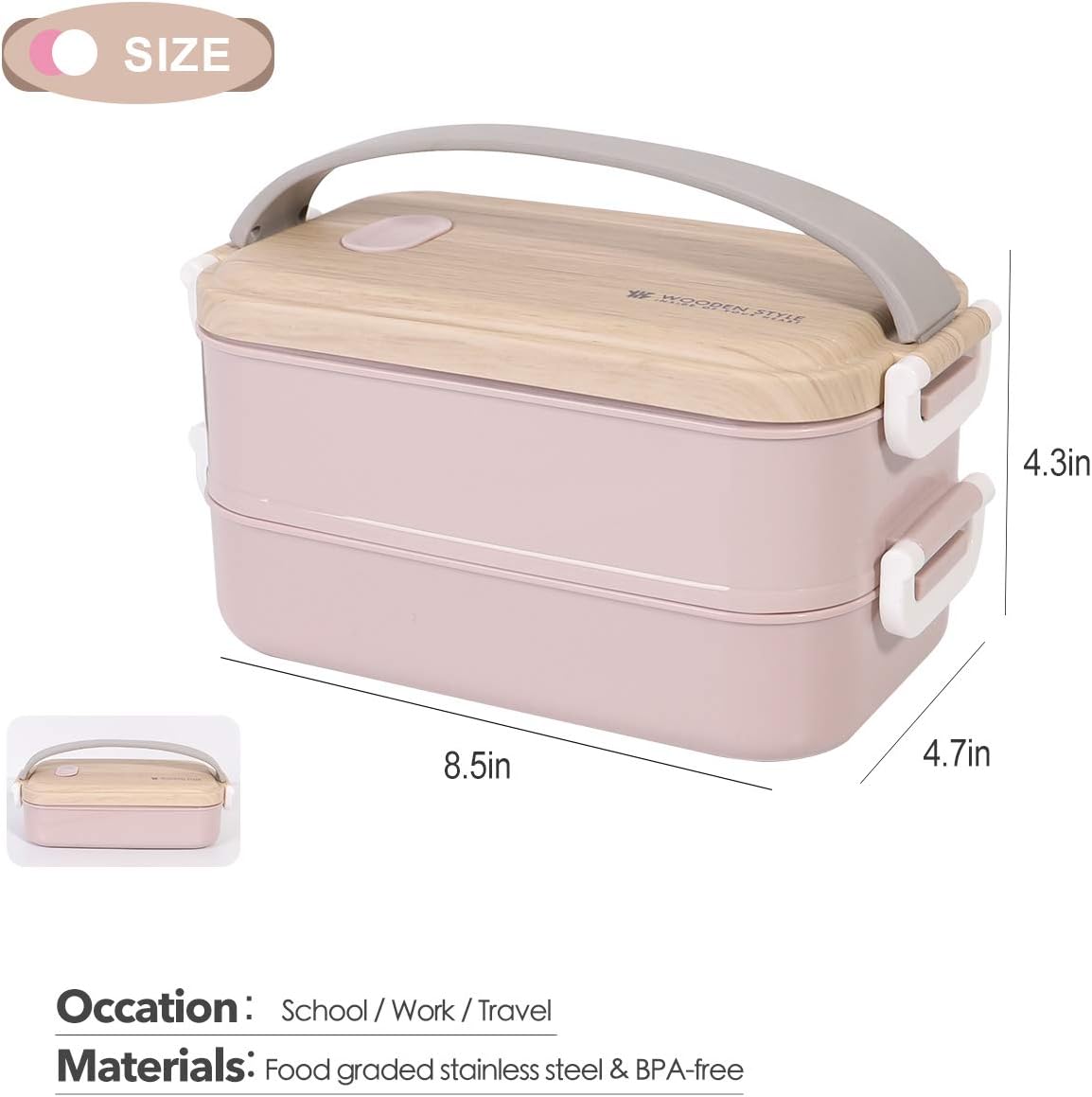 Buringer Lunch Bento Box Wood Grain Style Food Storage 2 Stackable Square Containers (Pink with Stainless Steel)