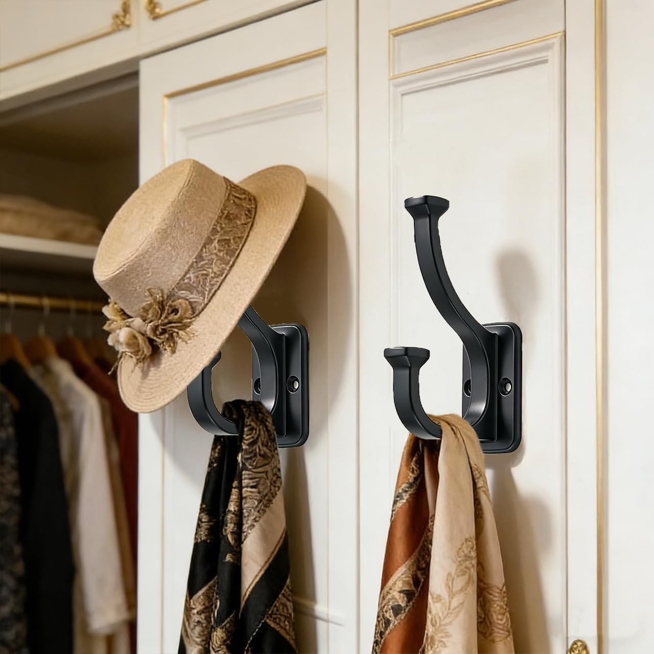 3 Pack 4-1/2inch Black Coat Hooks, a Powerful Load-Bearing Coat Hook, is Suitable for wardrobes/Entrance Halls/bedrooms/bathrooms. mudroom Hooks Modern and Simple zinc Alloy Hooks