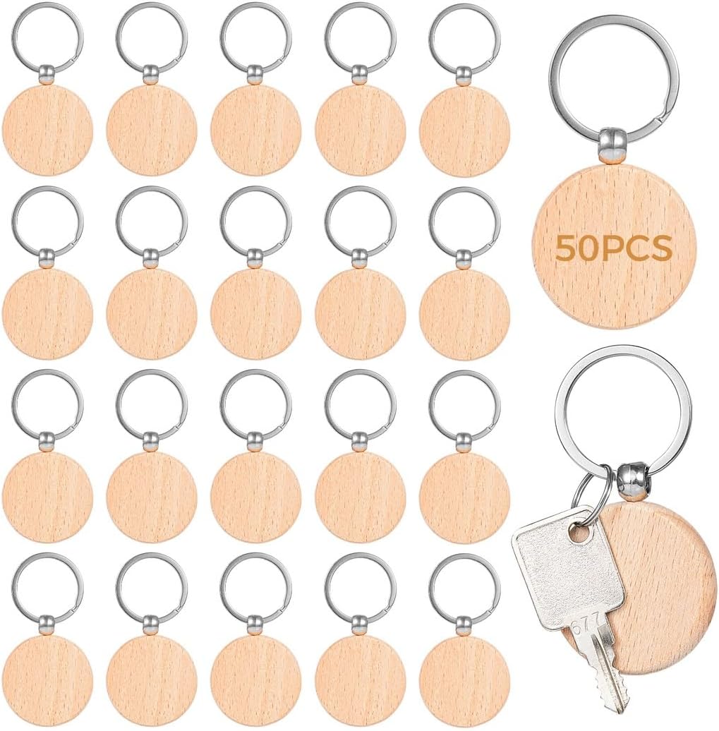 50 Pieces Wooden Keychain Blanks for Crafting, Customizable Round Wood Keyrings for DIY Projects, Christmas Ornaments, Pet Tags, Bag Charms