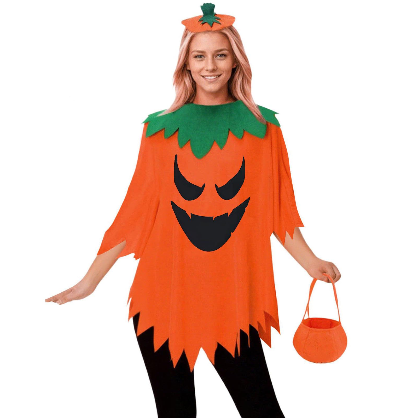 Halloween Costumes for Women Adult, 3 Pcs Pumpkin Costume Womens, Pumpkin Cape Poncho, Headband and Candy Bag, Ladies Fancy Dress Up Outfit Set, Scary Outfits, Cosplay Accessaries