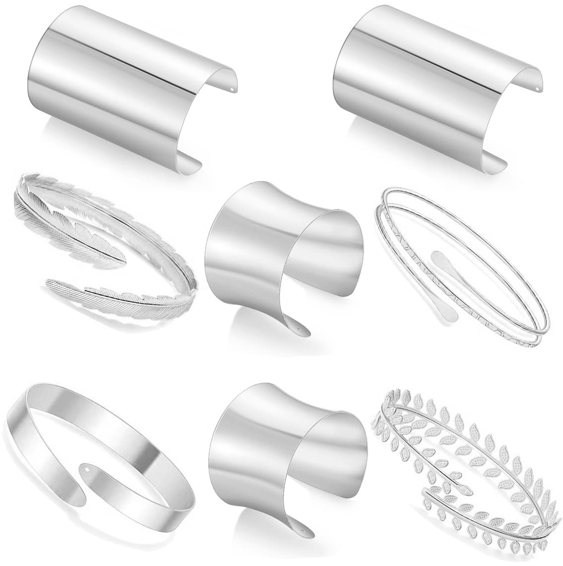 MOZAKA 8Pcs Wide Cuff Bangle Bracelet Set for Women Open Thin Thread Wire Grooved Arm Cuff Upper Arm Band Bracelets Adjustable Wrist Jewelry Set