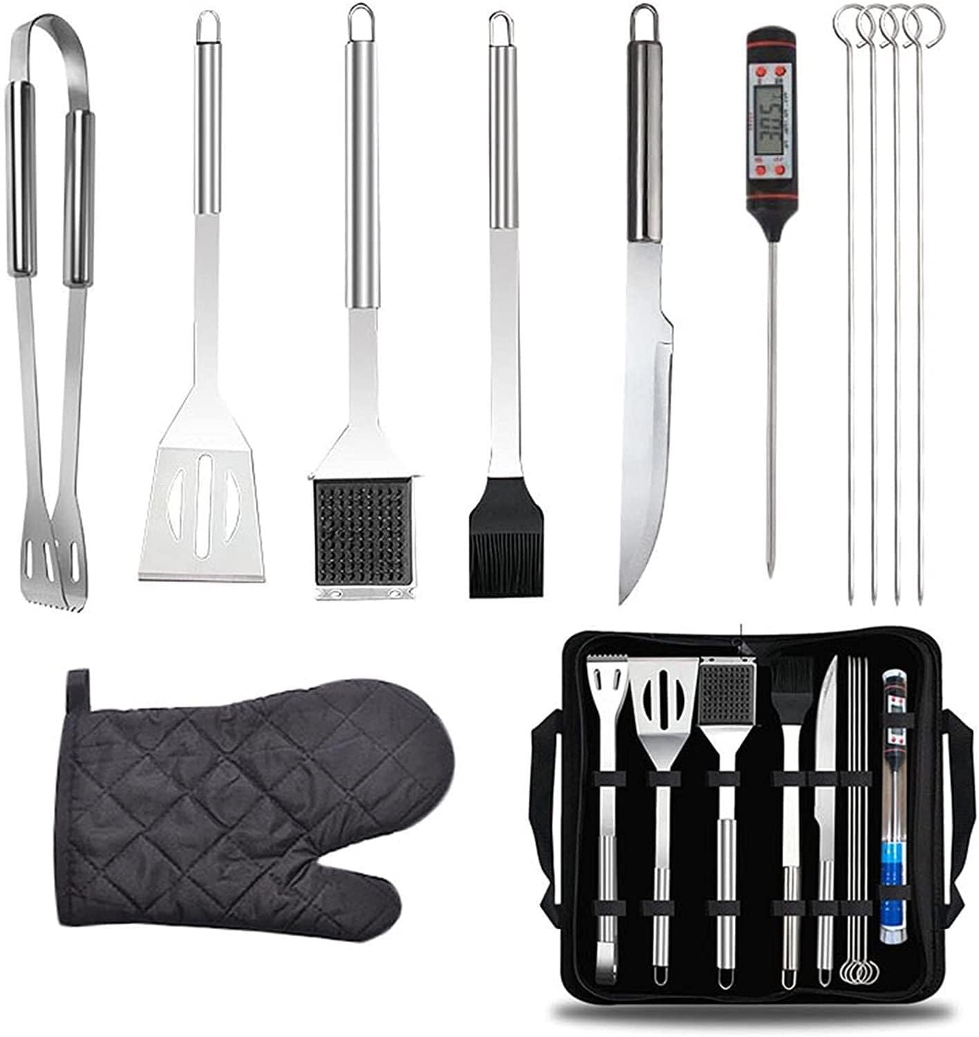 Edelstahl-Werkzeugset, 11-teiliges Zubehörset, Grillwerkzeuge mit Thermometer, Campingausrüstung für den Außenbereich, Verbrühungsschutz