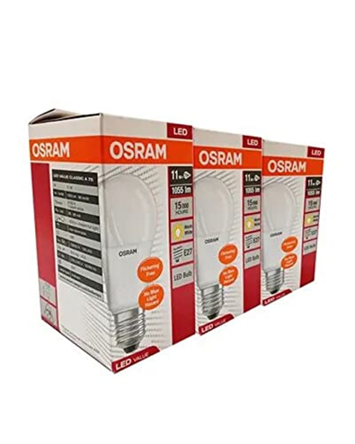 OsramClassic 75 Warm White Frosted Light Screw E27 Led Bulb 3 Pieces, Os-Cla-Led-11W-Ws-3P, Led Bulb Set