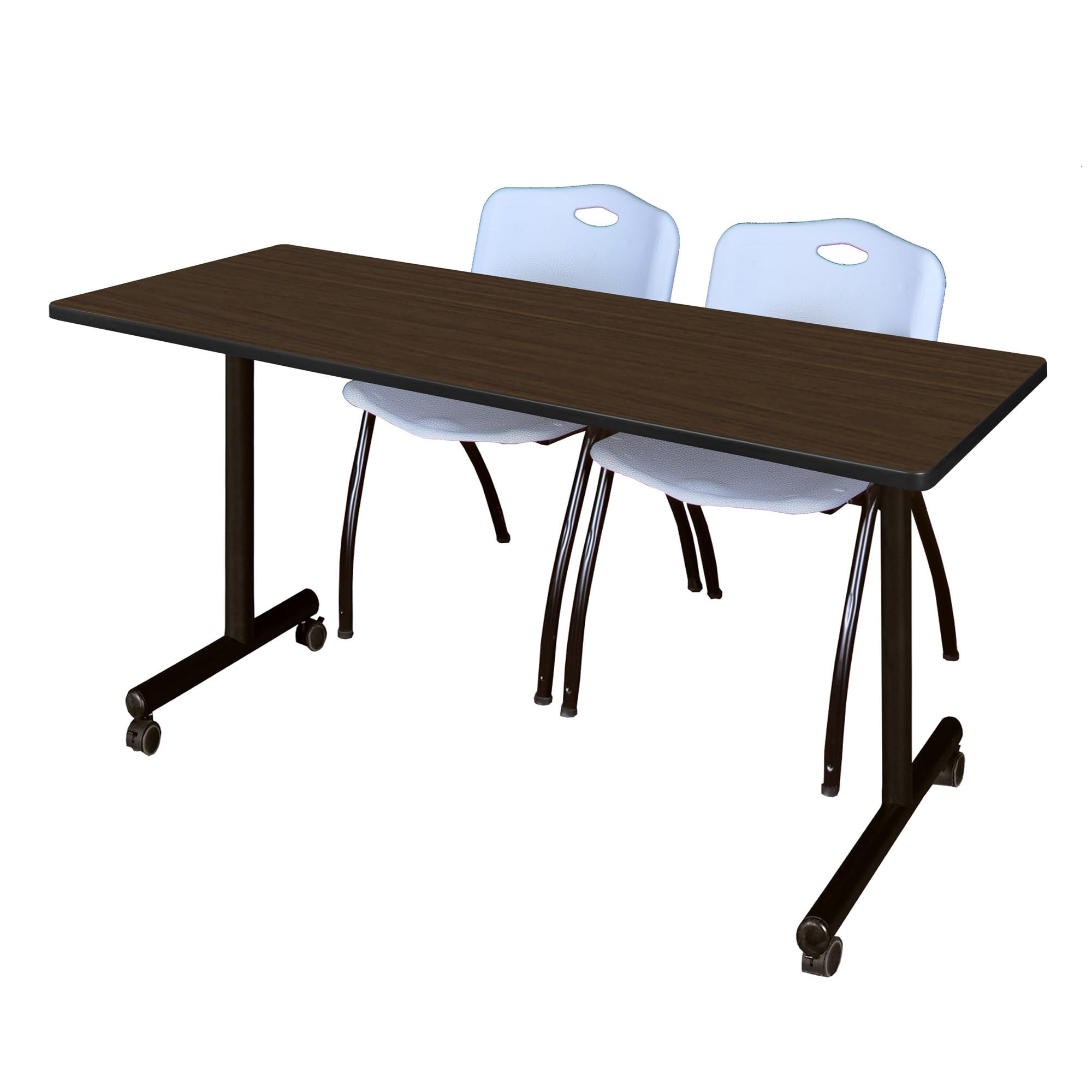 Romig Axis-Pro 66 x 24 in. Mobile T-Base Training Table- Neo Walnut, 2 M Stack Chairs- Grey