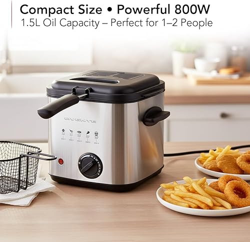 Vista 6 de OVENTE Freidora eléctrica, capacidad de 1.5 L, 800 W con temperatura ajustable, tapa de ventana de visión, cesta de freír extraíble y asas de tacto
