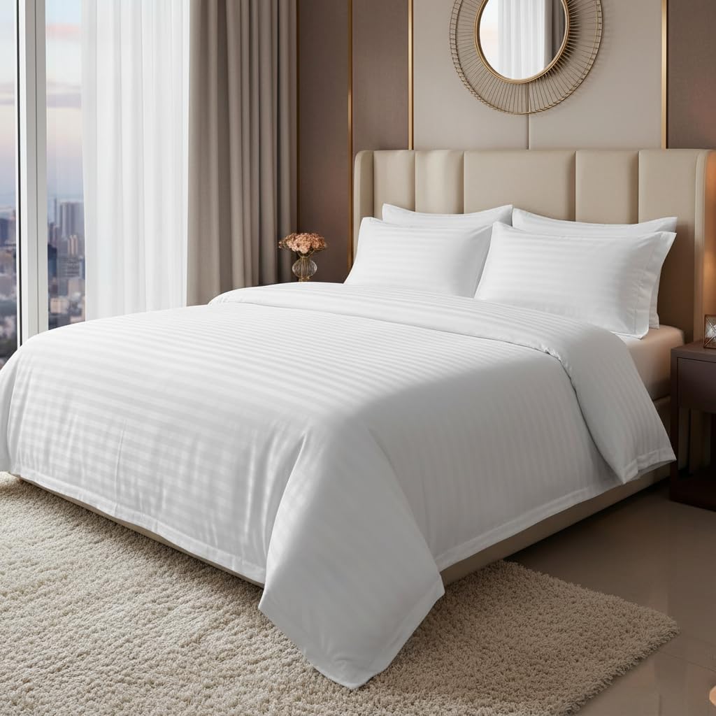 M&J Home 3 Piece Microfibre Satin Stripe White Super King Duvet Cover Set Microfibre - Includes Duvet Cover & Pillowcase(s)