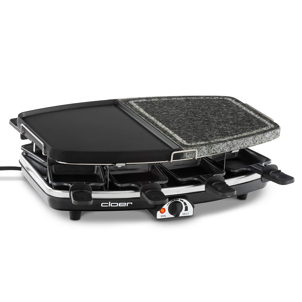 Cloer 6435 Griglia per Raclette con Piastra in Pietra Naturale e in Alluminio Pressofuso, 1200 W, padelline con rivestimento antiaderente