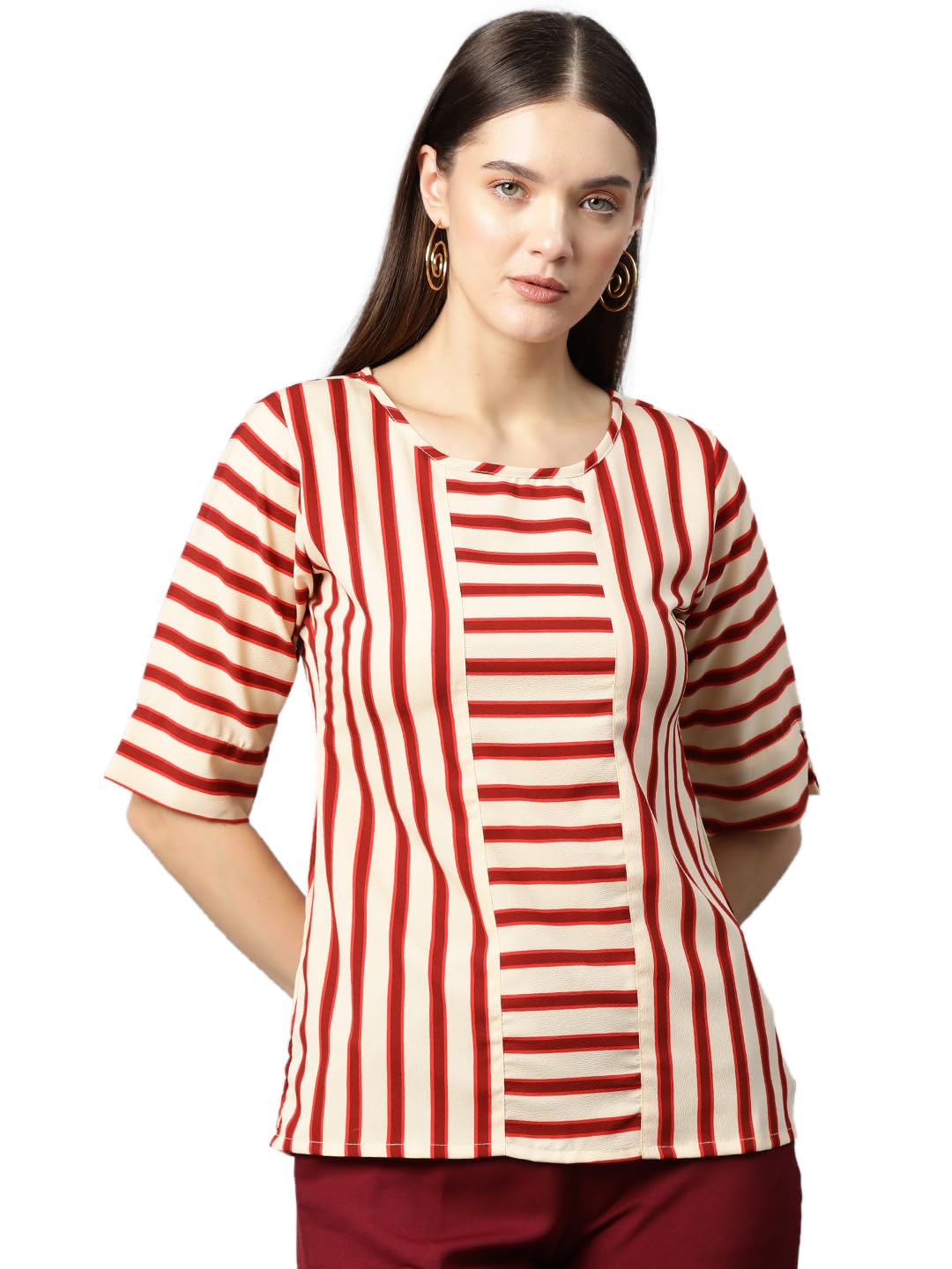 Women's Beige Top with Red Stripes Regular Fit Full Sleeve Regular Top for Women Stylish and Trendy for Casual, Formal & Christmas Day, Valentine's Day,Festive Occasion Top-image-3