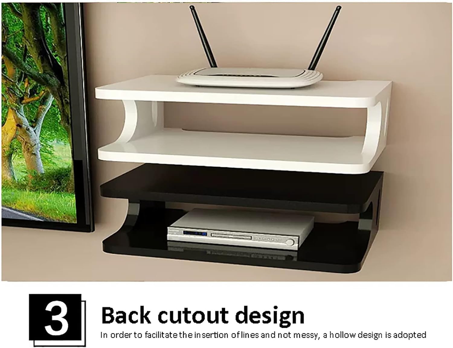 Supporto da parete per TV, console multimediale in legno per router, lettore DVD, TV Box, telecomandi e WiFiModern, soluzione di archiviazione per l'intrattenimento domestico